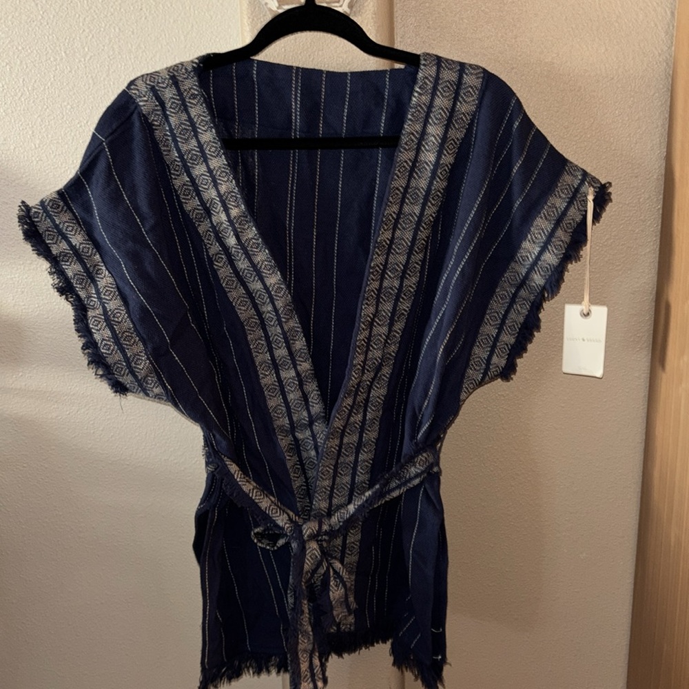 Lucky Brand Women's Embroidered cotton belted Navy cardigan OS(ONE SIZE)